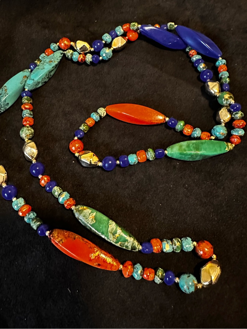 Artisan boho Multicolor Beaded Necklace in Turquoise, Coral, Lapis